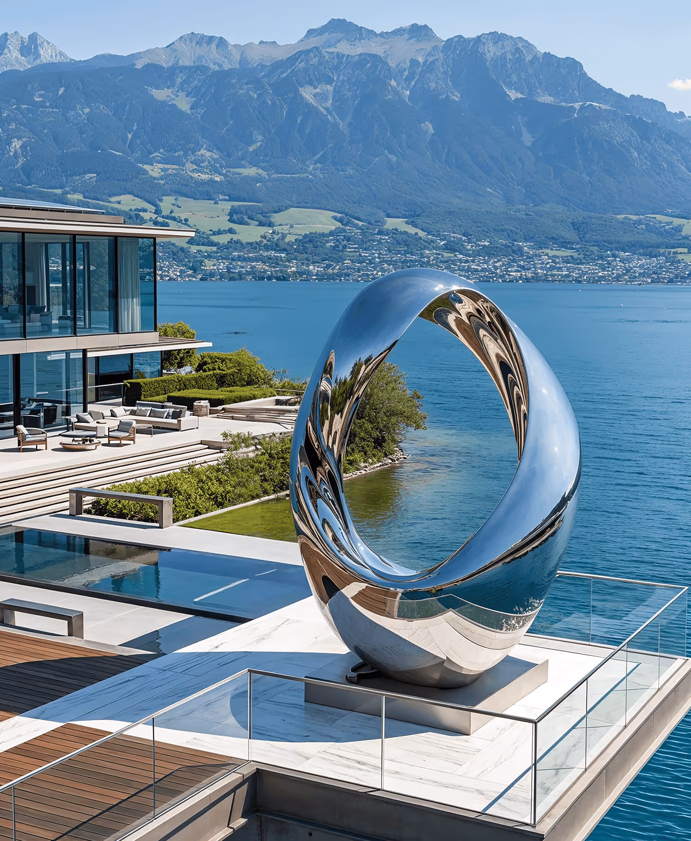 Solar Loop — polished sculpture on a lakeside terrace